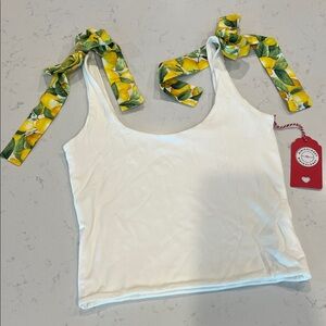 Lemon Print bow Strap White Tank Top